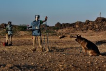 Omar working with deminer dog Aiwan. Demining fields at Rassai, Kassala State. Sudan 2016