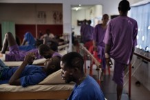 Surgical and Paediatric Centre, physiotherapy room. In close-up Lawrence, 29 years old, a victim of the countless car accidents. Goderich, Freetown, Sierra Leone 2017