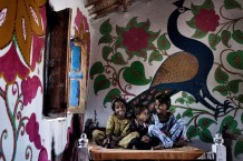 A Cesvi's shelter decorated by Umro, the beneficiary's son. Nusrat-a-Abad, Sindh, Paskistan, 2013